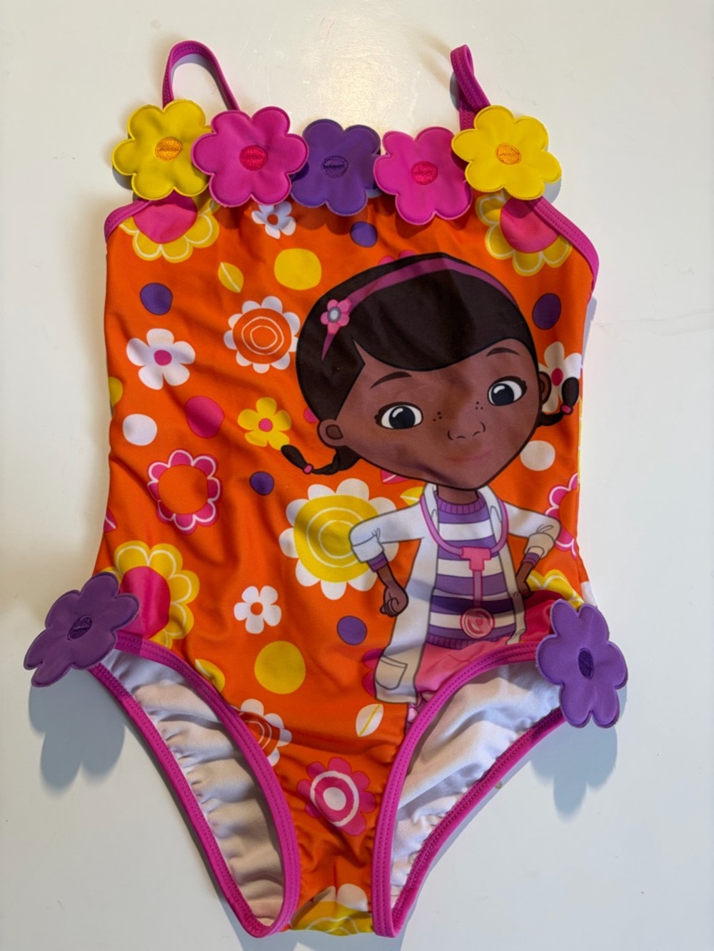 Disney Bright Orange Floral Girl's Swimwear with Pink Trim